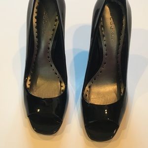 Bcbg patent leather peep toe pumps.